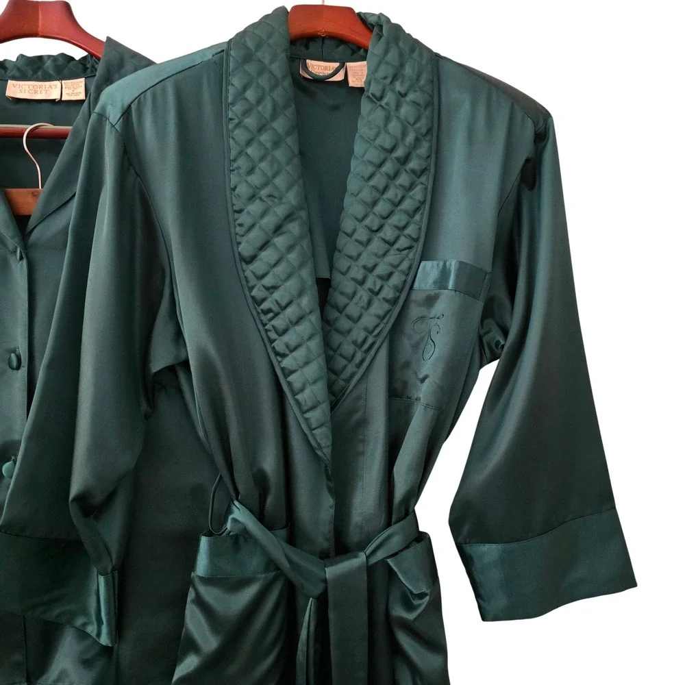 Victoria's Secret VTG Gold Label Emerald Green Satin‎ 3pc Pajama Robe Set Small